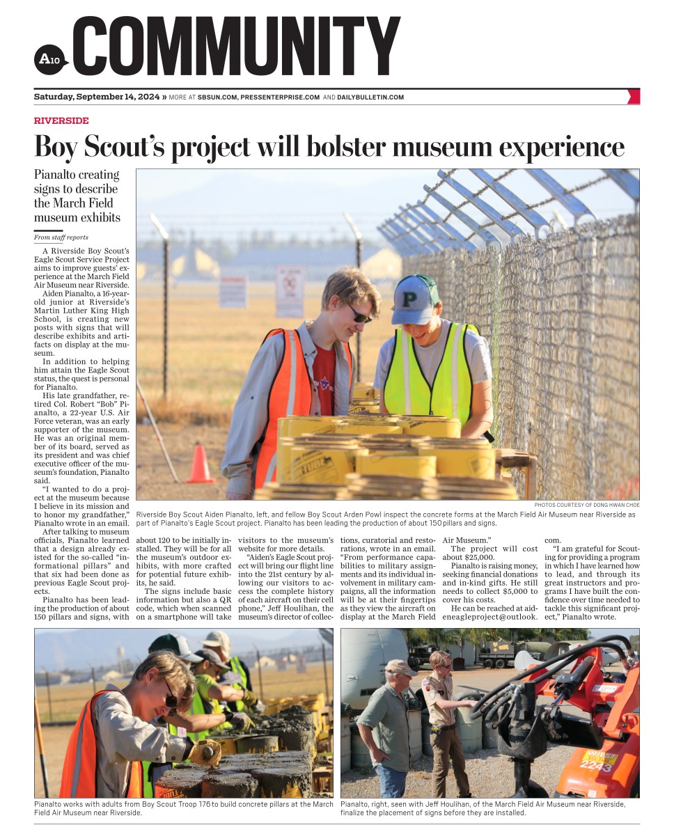 Press-Enterprise feature about Aiden Pianalto's Eagle Scout project